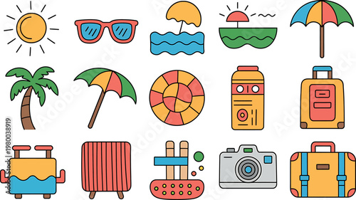 Summer vacation beach travel set with icons of sun sunglasses palm tree suitcase umbrella and tourist items in flat style. vector illustration
