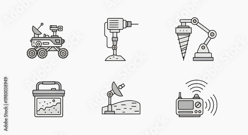Space exploration technology icons robotic instruments for cosmic missions, featuring rover, drill, communication systems, and remote control