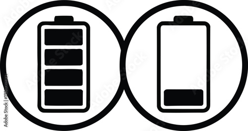 Battery capacity comparison icons showing a full charge level next to a nearly empty power status