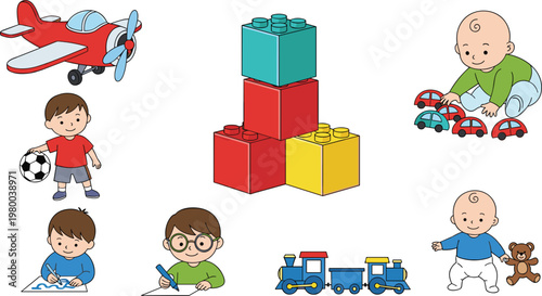 Kids Playing with Toys Illustration Set Featuring Airplane, Building Blocks, Cars, and Train for Child Play, Learning, and Early Development