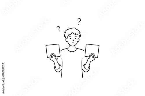 Confused person holding two blank squares with question marks above head