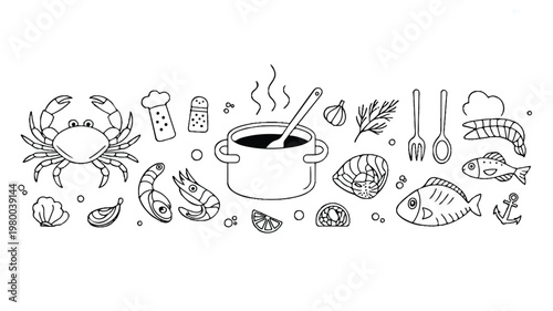 A Whimsical Black and White Line Art Illustration of a Seafood Feast with Delicious Ingredients and Cooking Elements