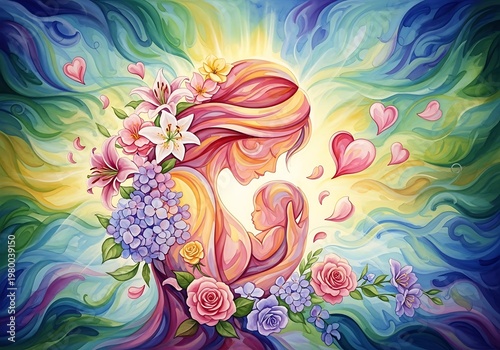 Mother's Day illustration with flowers and hearts