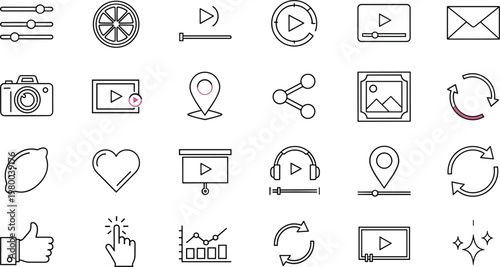 Multimedia and Interaction Icon Set Featuring Play Buttons, Camera, Heart, Graph, and Other Digital and Communication Symbols