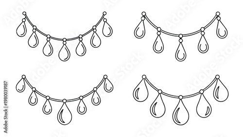Black and white line art illustrations of decorative garlands with dangling teardrop shapes