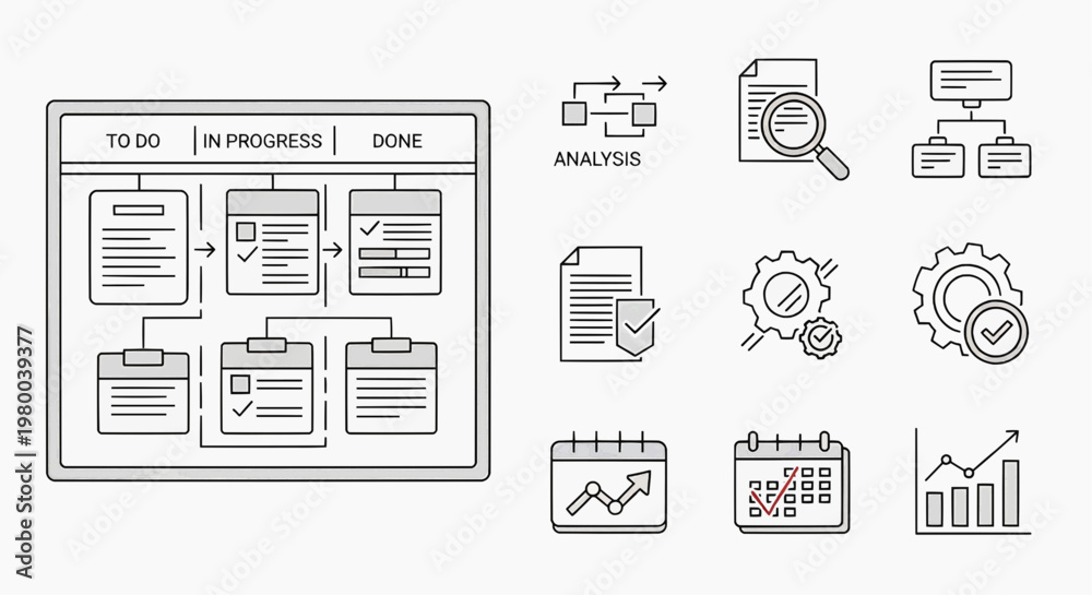 Fototapeta premium Business workflow process infographic with analysis and management icons