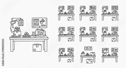 A person works on a computer with various documents and folders at a desk in an office.