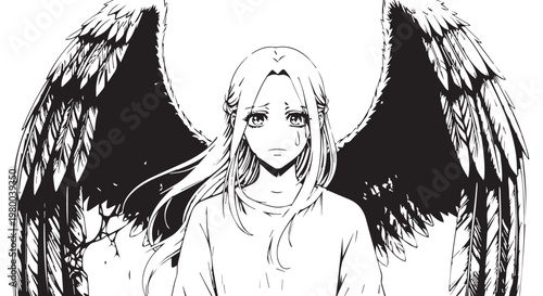 Anime angel girl, winged manga character, black and white illustration, fantasy creature