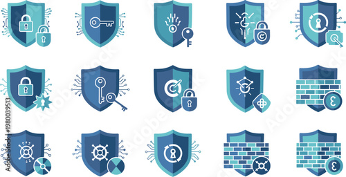 Cyber security shield icons collection with encryption locks keys firewall protection and secure network defense symbols in modern flat vector illustration style