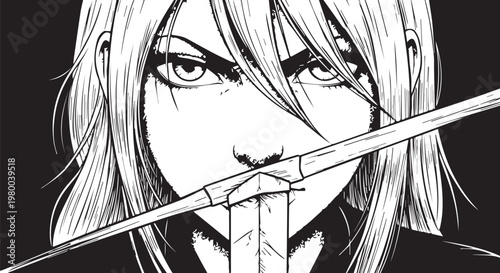 Anime, manga, cartoon character, black and white, sword in mouth, intense expression, vector illustration