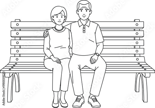 Minimalist line art illustration of a smiling senior elderly couple sitting together on a wooden park bench in a garden.