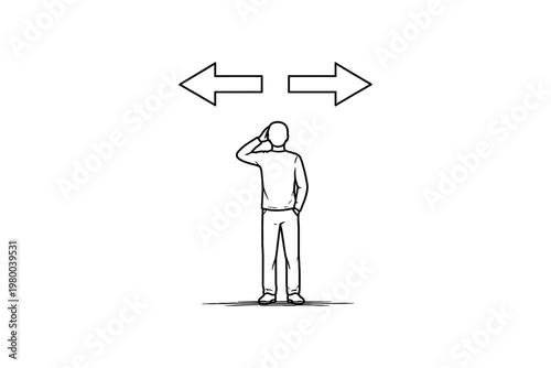 Man standing at a crossroads, contemplating two opposing directions with arrows