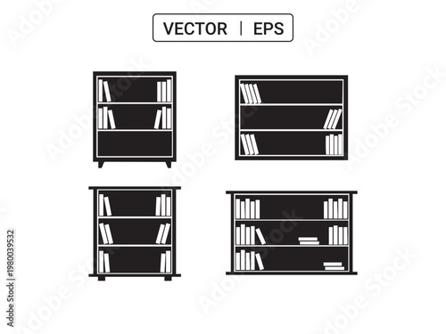 Assortment of black bookshelves filled with books for home or office library.