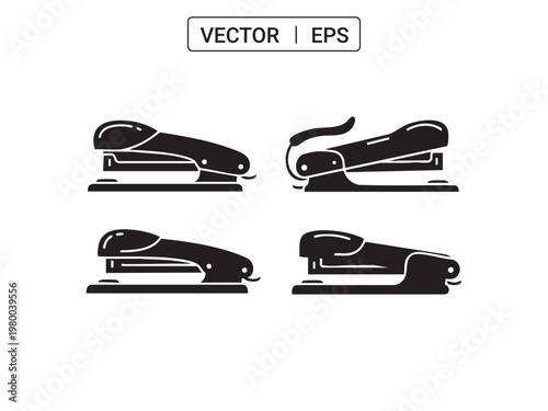 Stapler icon set for office supply and stationery equipment black silhouette vector design.