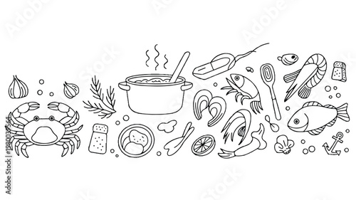 Black and white line art illustration of fresh seafood, cooking ingredients, and kitchen tools, ideal for culinary designs and menus