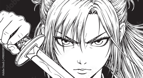 Manga, samurai, woman, sword, black and white, vector, illustration, fierce, determined, action, adventure