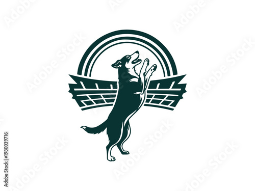 A Dark Charcoal or Grey20 dog standing on its hind legs in front of a bridge.