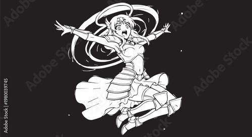 Astronaut woman, space suit, flying in cosmos, black background, vector illustration
