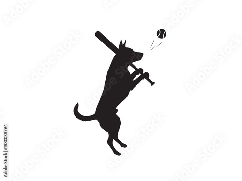 Canvas Print A silhouette of a dog holding a baseball bat and jumping for a ball