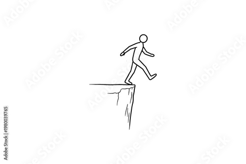 Stick figure walking off a cliff edge in a minimalist line drawing style