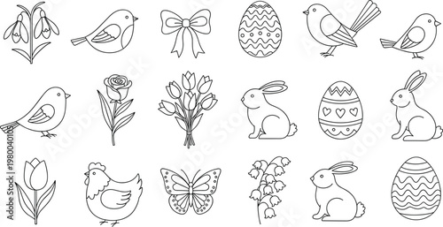 Minimalist set of eighteen spring and Easter line art icons featuring bunnies eggs birds and various flowers for holiday decoration.