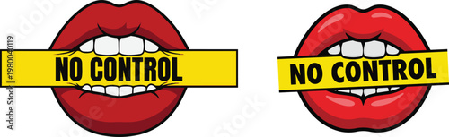 Red lips biting yellow caution tape with no control text for bold graphic design