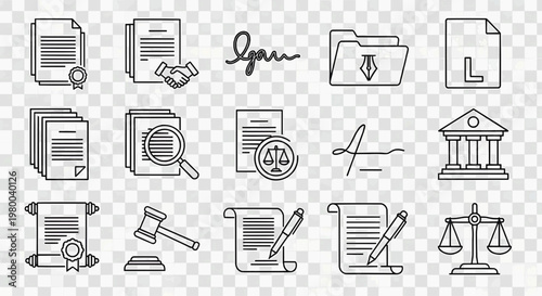 A set of legal icons on a transparent background depicts law documents and symbols
