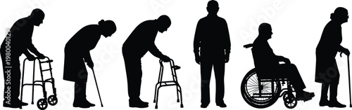 Elderly people silhouettes walking with cane walker wheelchair aging support healthcare senior lifestyle vector illustration set design concept