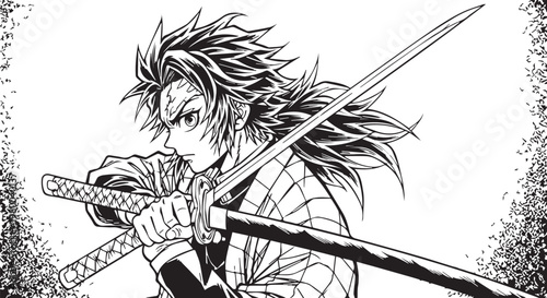 Anime, manga, black and white, samurai, sword, illustration, fantasy, warrior, action, comic