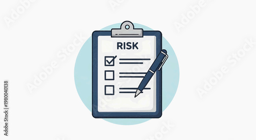 A clipboard with a risk checklist and pen on a light blue background displays financial documents.