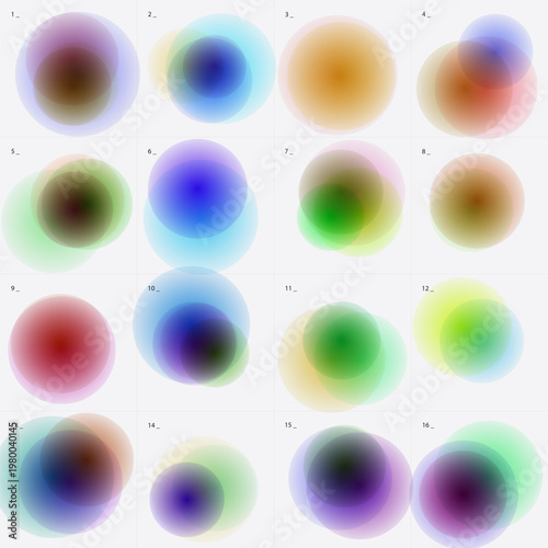 Abstract blurred gradient circles set, 16 colorful aura light shapes with soft grainy texture, vibrant round glowing spheres for modern web design and social media branding elements