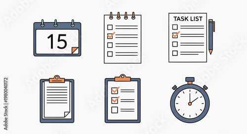 A collection of office supplies and planners on a table includes calendars and task lists.