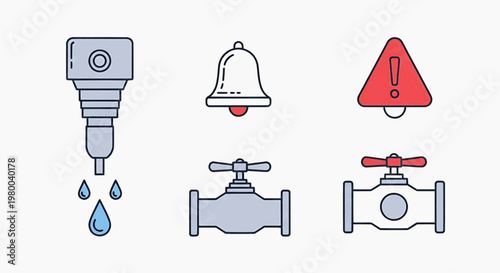 A warning sign alerts viewers to a leaking faucet with a valve and a camera nearby indoors