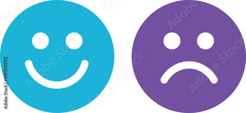 Happy blue and sad purple circular icons representing contrasting human emotions and positive negative feedback choices