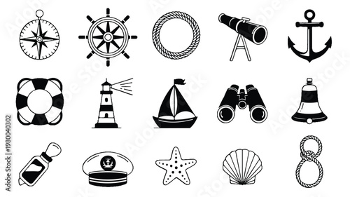 Comprehensive collection of black and white nautical vector icons, ideal for maritime projects, ocean travel themes, and summer designs