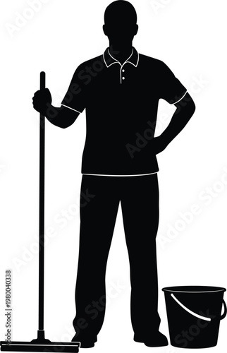 Silhouette Icon of Janitorial Worker with Mop and Bucket for Cleaning Service, Facility Maintenance, and Sanitation Concepts