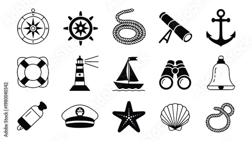 A comprehensive set of black and white vector icons, capturing the spirit of maritime travel and adventure with essential nautical symbols