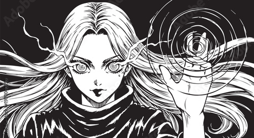 Anime girl, manga illustration, black and white, psychic powers, fantasy character