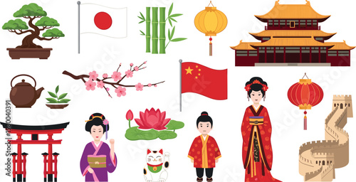 Asian Culture Icons Set Featuring Japanese, Chinese, and Traditional Symbols, Architecture, and Flowers for Cultural Designs