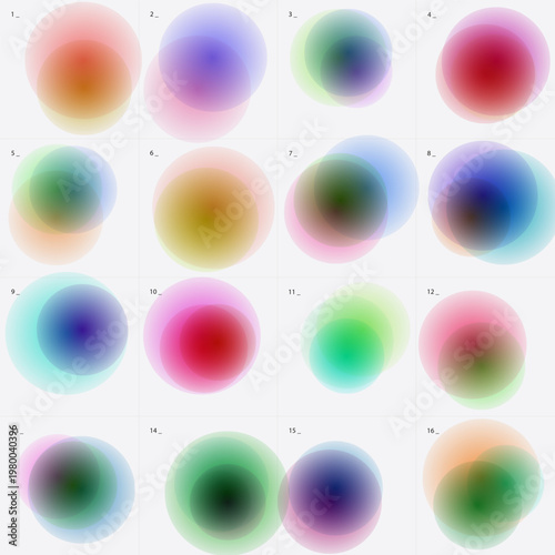 Abstract gradient circles set, 16 colorful blurry round shapes with soft aura effects, vibrant aura gradient spheres for modern UI design, minimalist blurred circle vector collection
