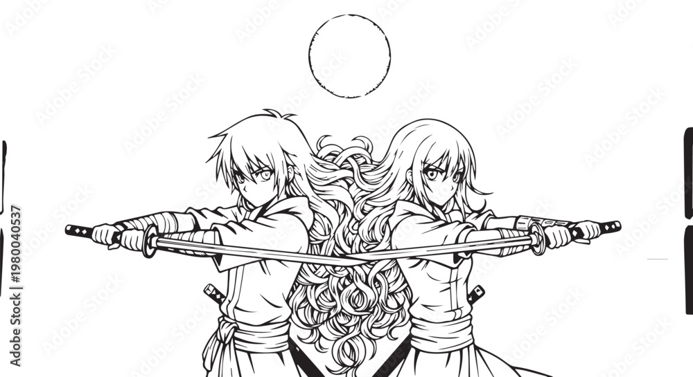 Fototapeta premium Fantasy, anime-style warriors, medieval, illustration, vector graphics, black and white