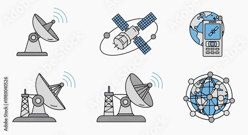 Satellite dishes transmit signals globally via space technology networks.