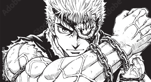 Aggressive Manga Character, Chain-Bound, Black and White Illustration, Comic Book Style