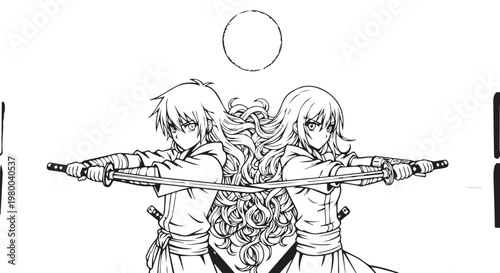 Fantasy, anime-style warriors, medieval, illustration, vector graphics, black and white