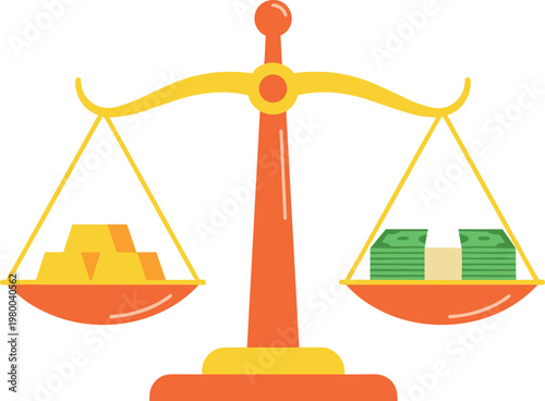 Balance Scale with Gold and Money, Financial Value Comparison, Wealth and Investment Symbolism, Vector Illustration