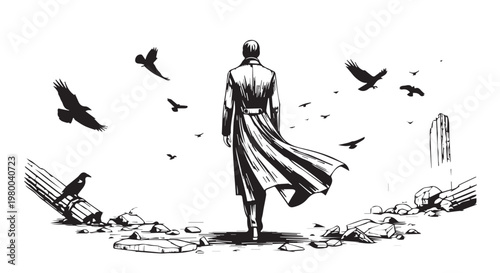 Desolate Landscape, Ruins, Man Walking Away, Birds Flying, Black and White Illustration