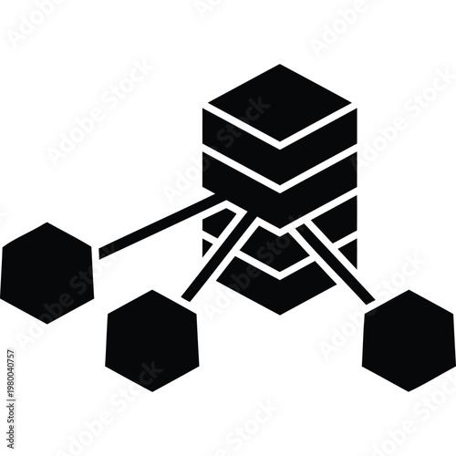 Minimalist B&W Abstract Network Connection Icon: Central Server, 3 Hexagonal Nodes, Tech Data Connectivity Vector