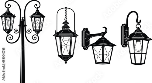Set of four vintage outdoor street lamp and wall lantern silhouettes in various classic styles for architectural and landscape design.