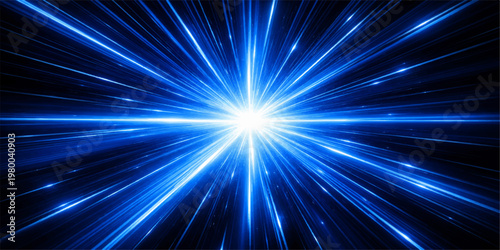 A glowing abstract blue background features a bright star burst of energy with laser rays and a flash of light, creating a dynamic space design illustration for a shine backdrop