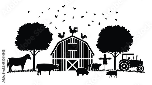 A black and white silhouette illustration of a farm scene with animals, a barn, and a tractor